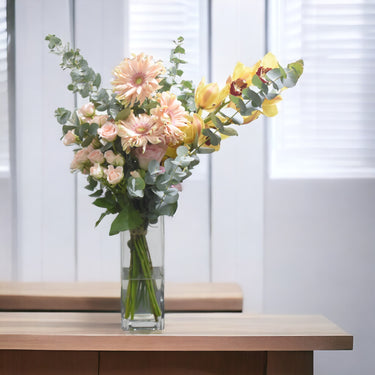 Elegant Garden, Cymbidium, Rose Pink, Vase Arrangement, Eucalyptus, Gerbera, Cylinder Vase